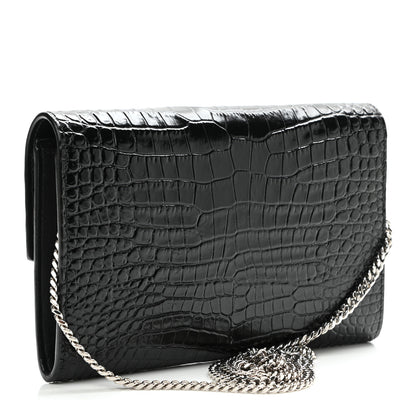 Saint Laurent Calfskin Crocodile Embossed Monogram Uptown Chain Wallet Black 3 of 10
