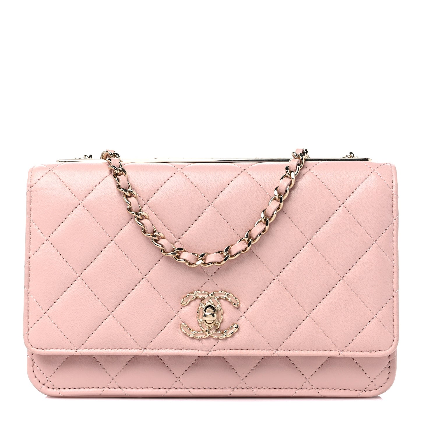 Lambskin Quilted Trendy Chain CC Wallet On Chain WOC Light Pink
