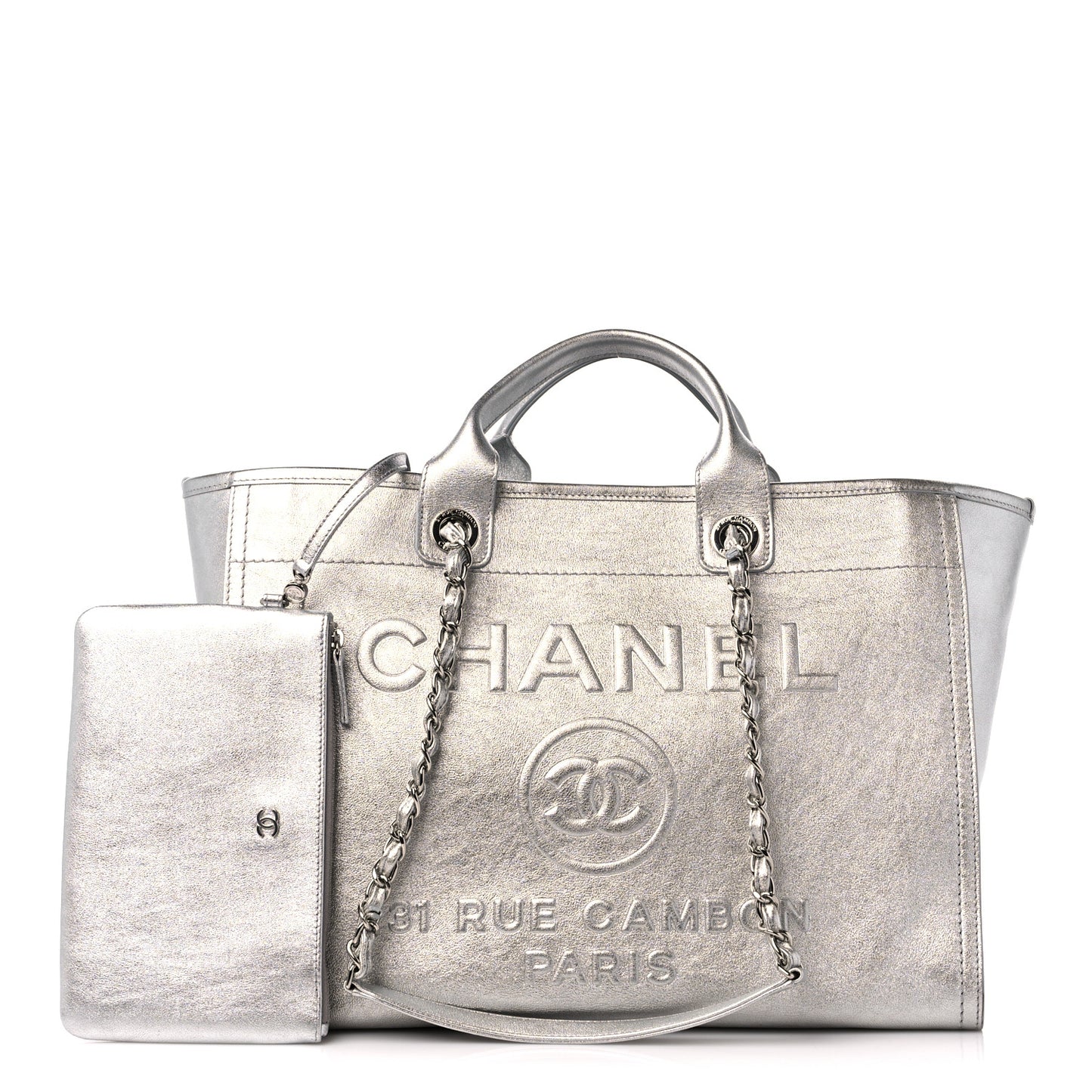 Metallic Calfskin Medium Deauville Tote Silver
