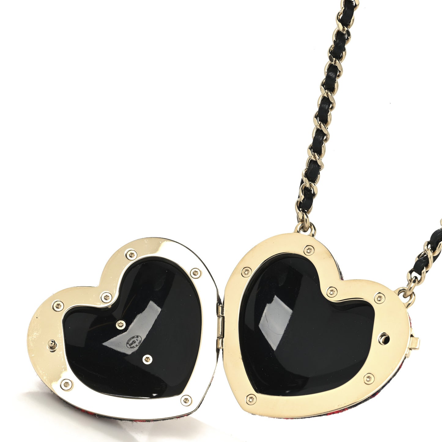 Tweed Lambskin CC Heart Locket Necklace Gold Grey Red Black