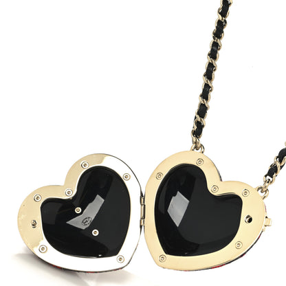 Chanel Tweed Lambskin CC Heart Locket Necklace Gold Grey Red Black 4 of 5