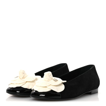 Chanel Suede Patent Cap Toe Camellia Ballerina Flats 37.5 Black White 4 of 10