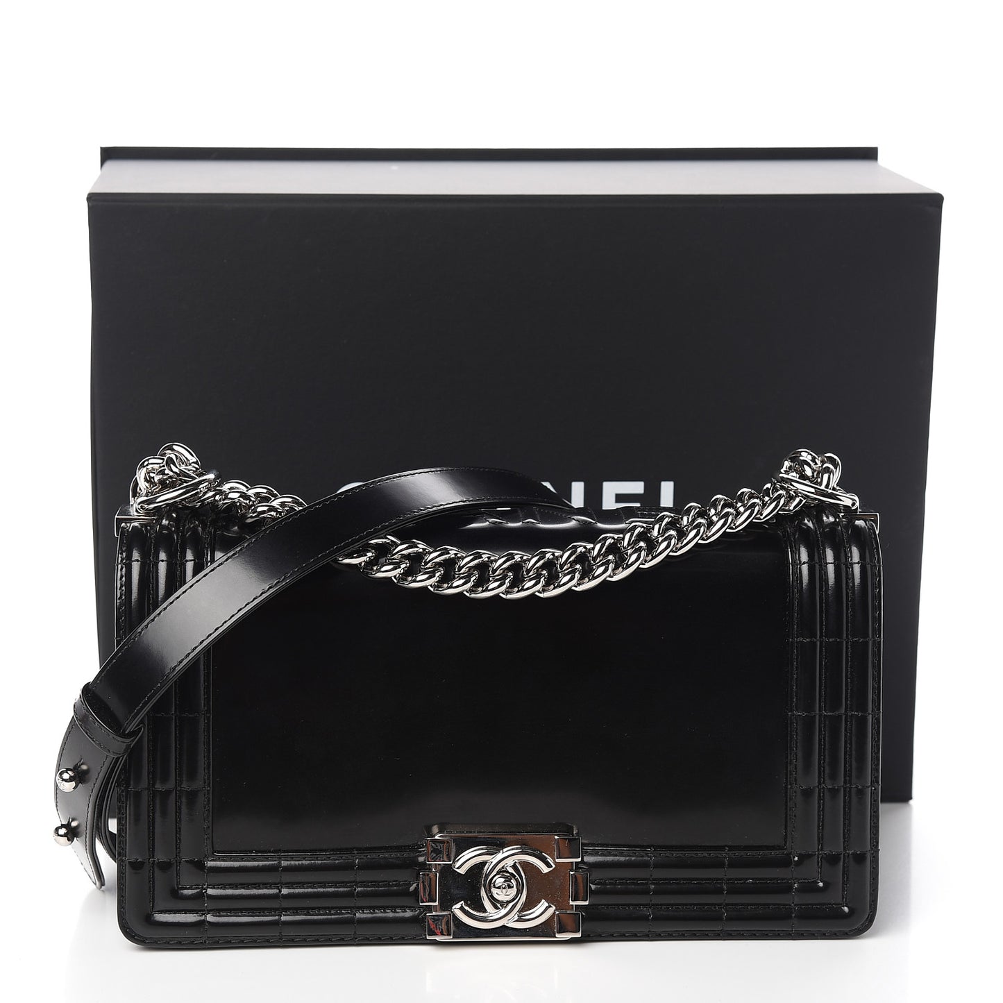 Glazed Calfskin Medium Boy Flap Black