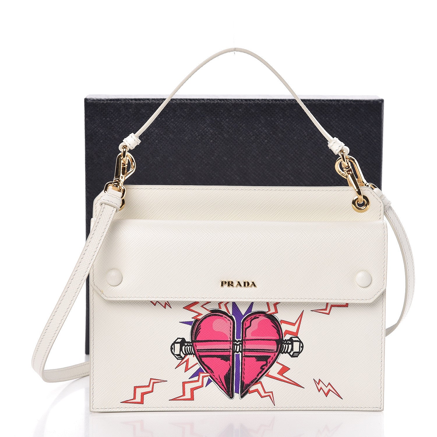Prada X UNIVERSAL STUDIOS Saffiano Frankenstein Heart Top Handle Flap Bag White Fuxia 13 of 13