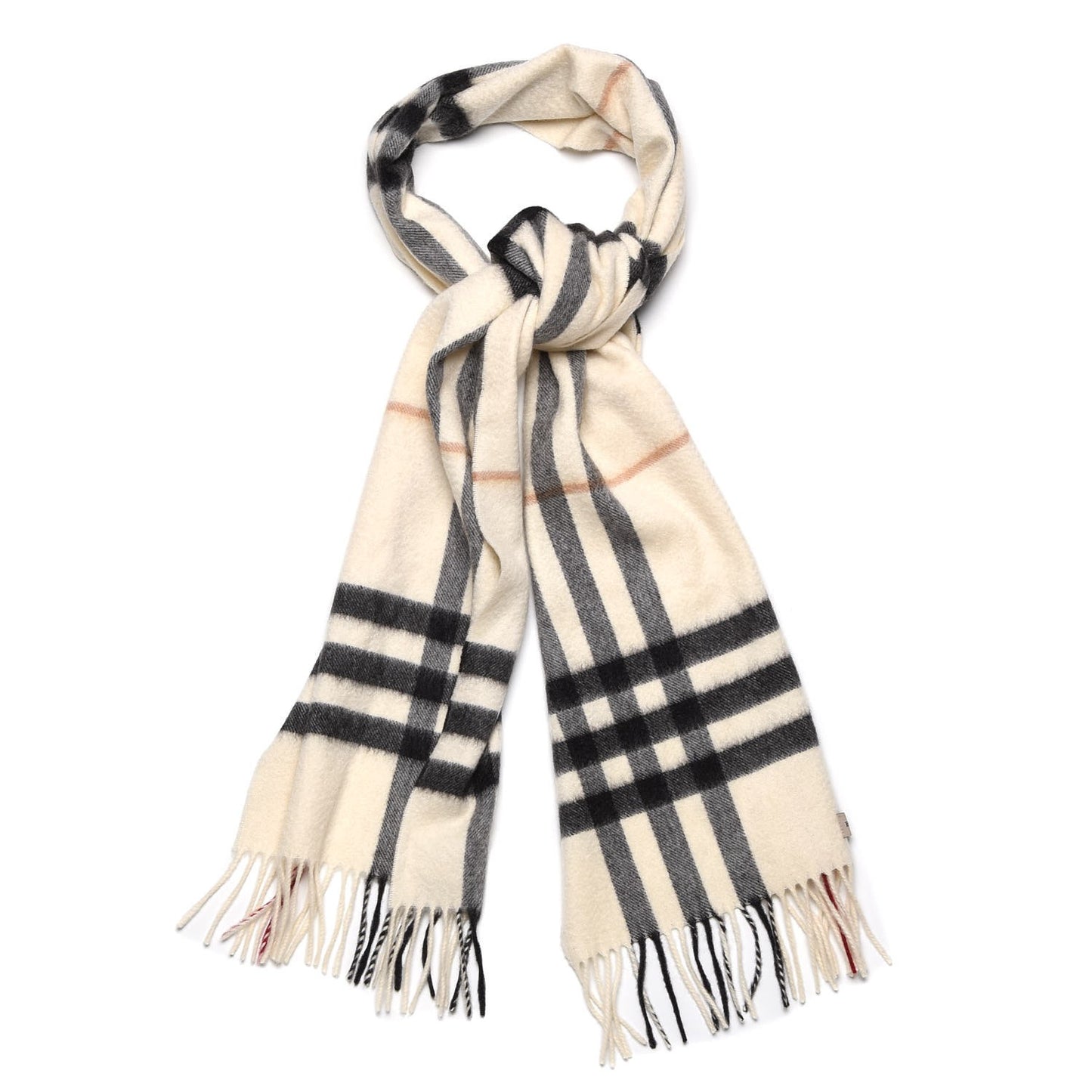 Cashmere Giant Check Fringe Scarf Ivory