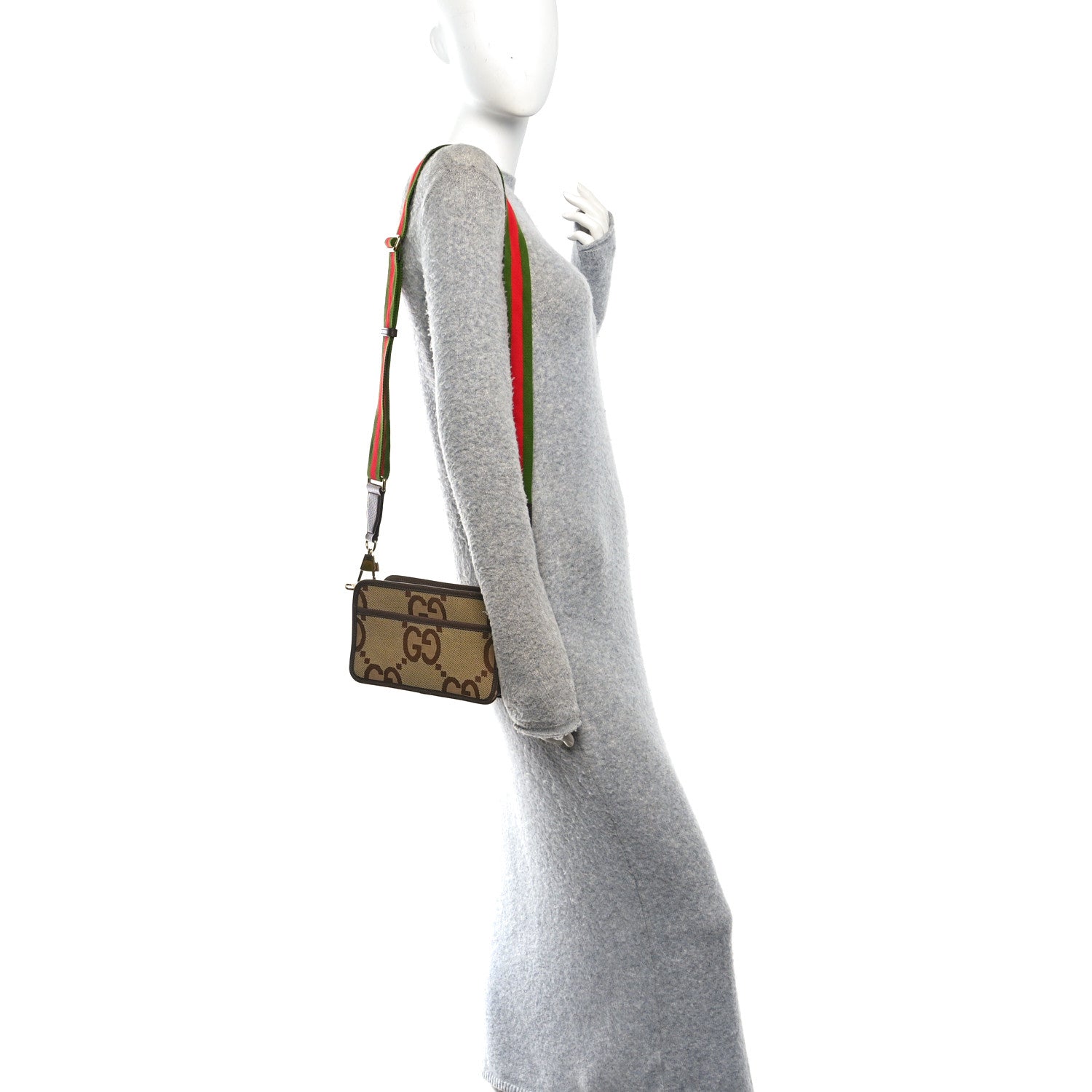 Gucci Monogram Jumbo GG Textured Dollar Calfskin Web Mini Crossbody Bag Camel Ebony New Acero 2 of 11