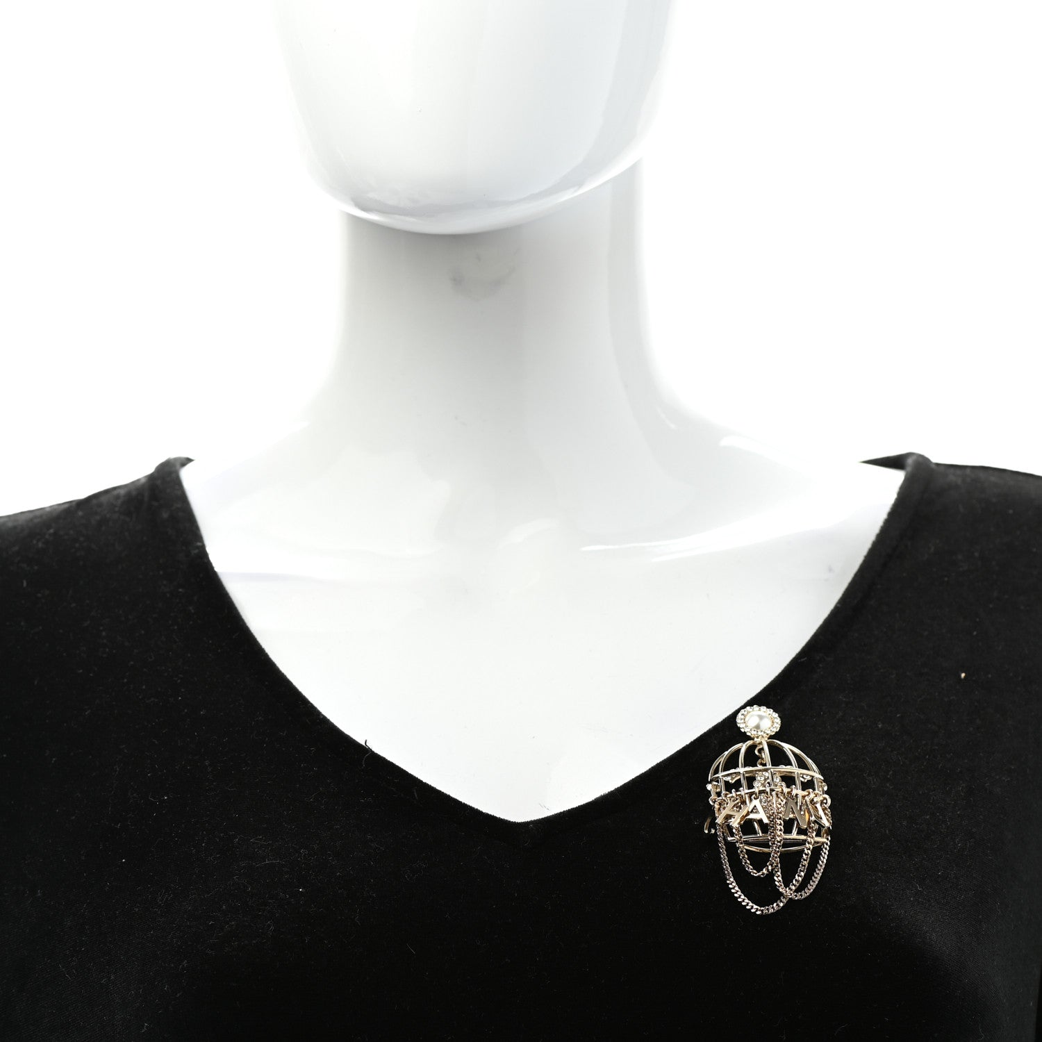 Chanel Pearl Crystal Birdcage Pin Brooch Light Gold 2 of 5
