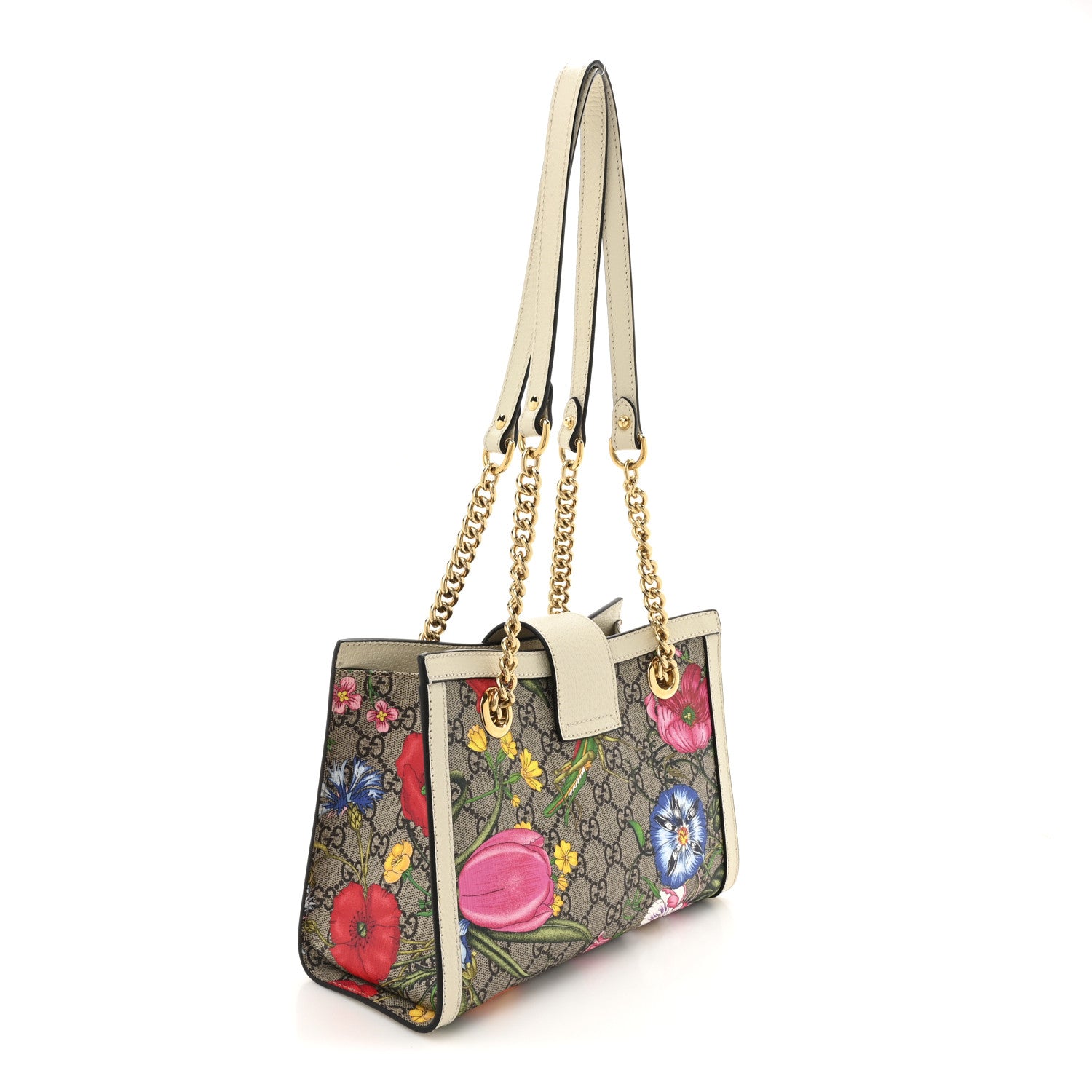 Gucci GG Supreme Monogram Flora Textured Calfskin Small Padlock Tote Beige Ebony Multicolor Mystic White 3 of 11