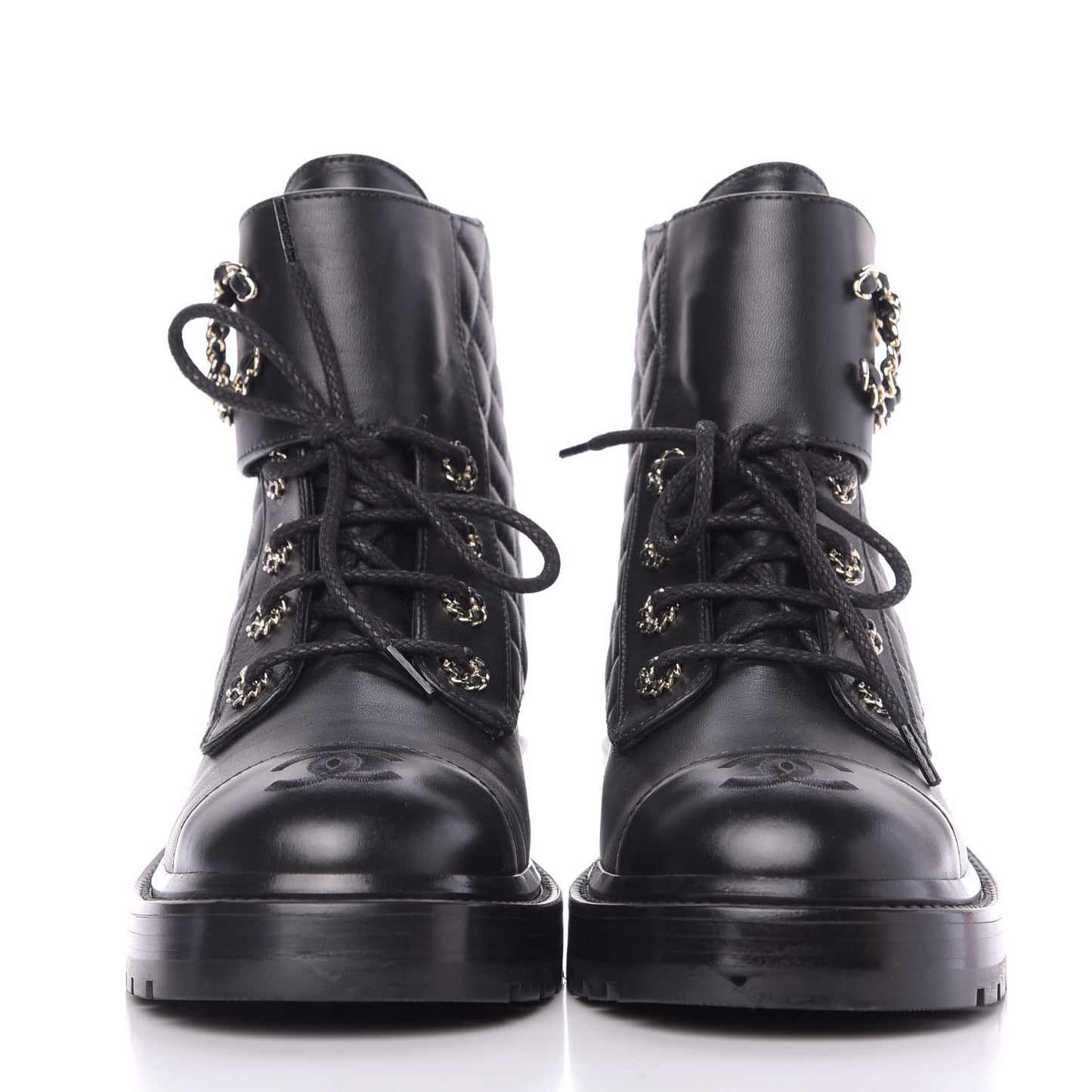Shiny Lambskin Quilted Lace Up Combat Boots 38 Black