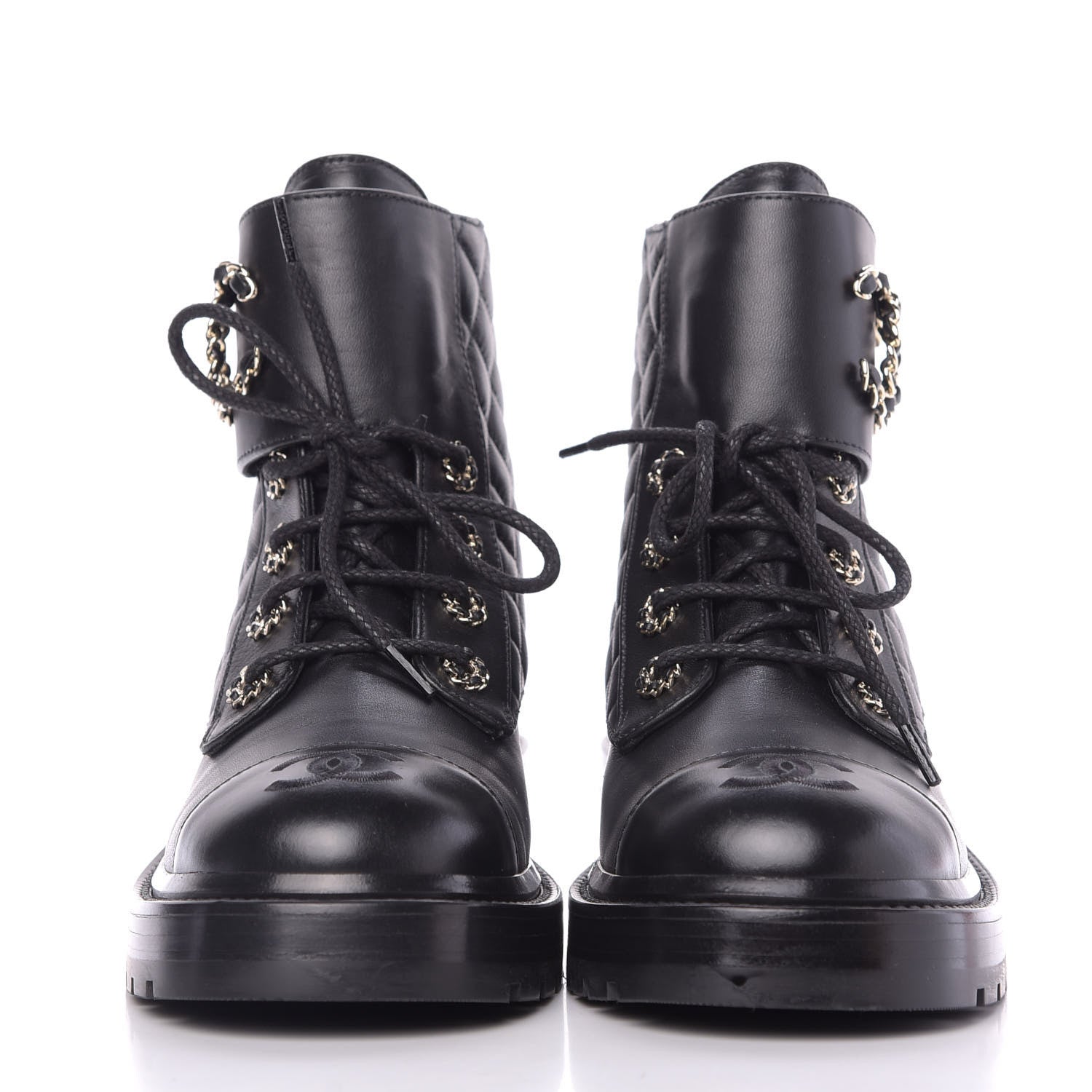 Chanel Shiny Lambskin Quilted Lace Up Combat Boots 38 Black 3 of 9
