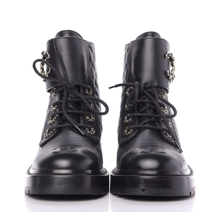 Chanel Shiny Lambskin Quilted Lace Up Combat Boots 38 Black 3 of 9
