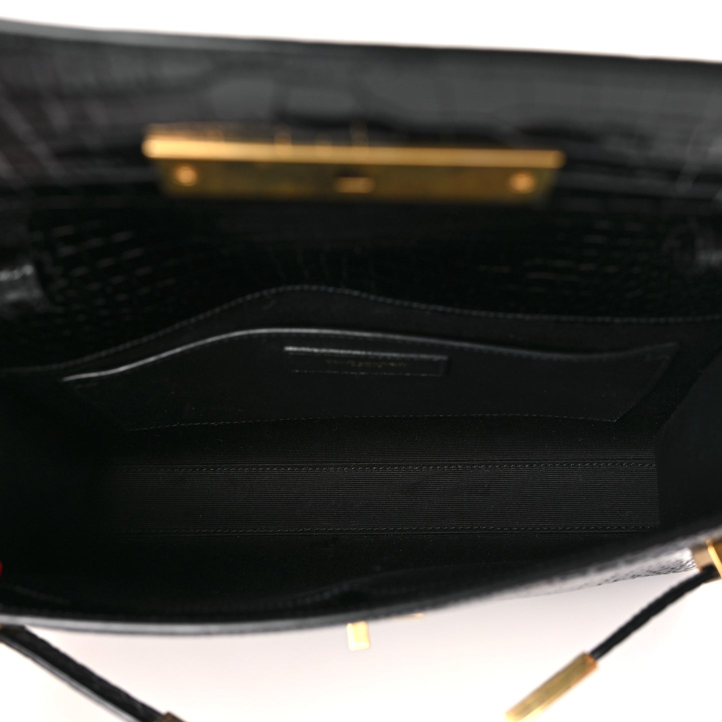 Shiny Calfskin Crocodile Embossed Small Manhattan Baguette Black