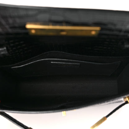 Saint Laurent Shiny Calfskin Crocodile Embossed Small Manhattan Baguette Black 5 of 9