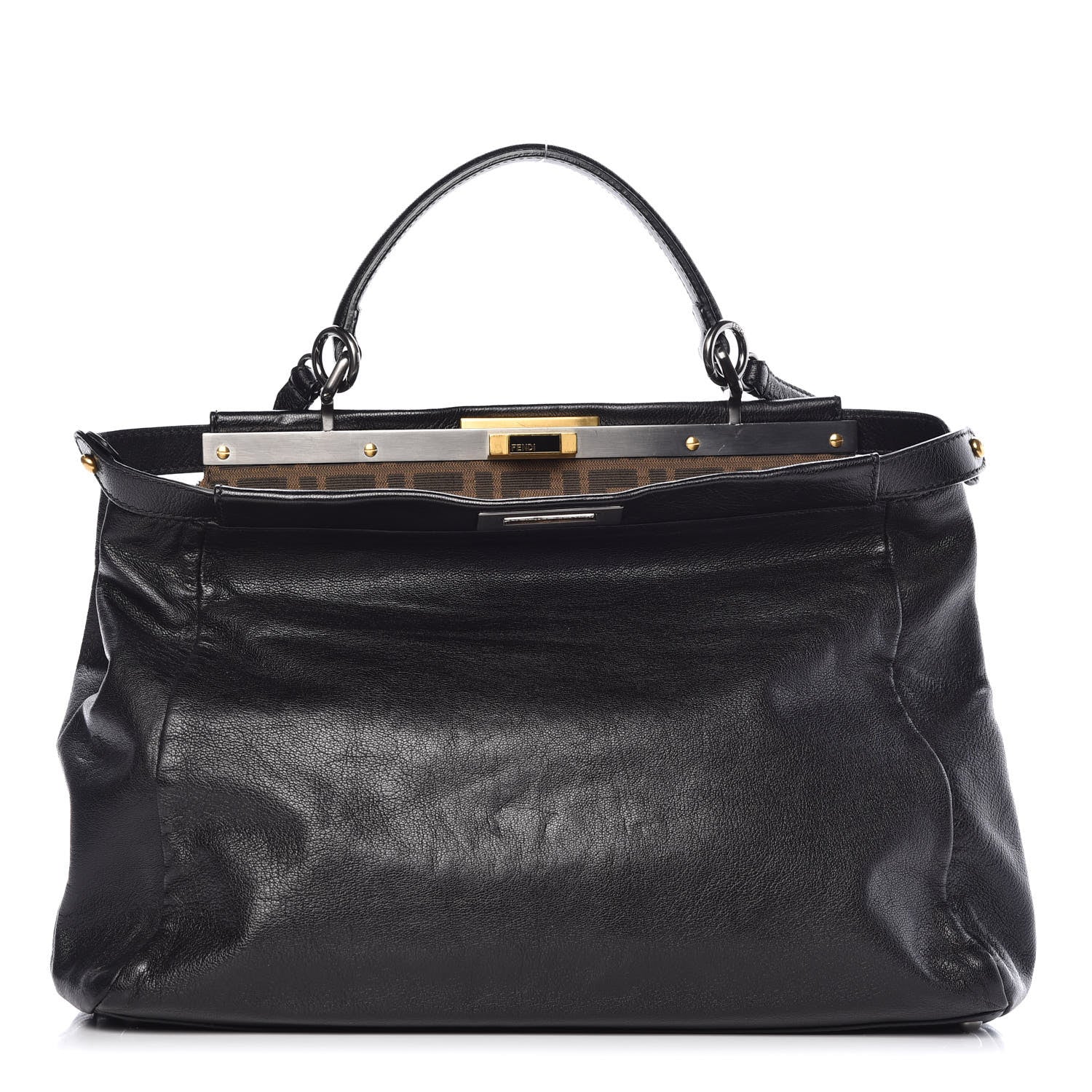 Fendi Goatskin Zucca Large Peekaboo Iconic Satchel Black Tobacco 1 of 12