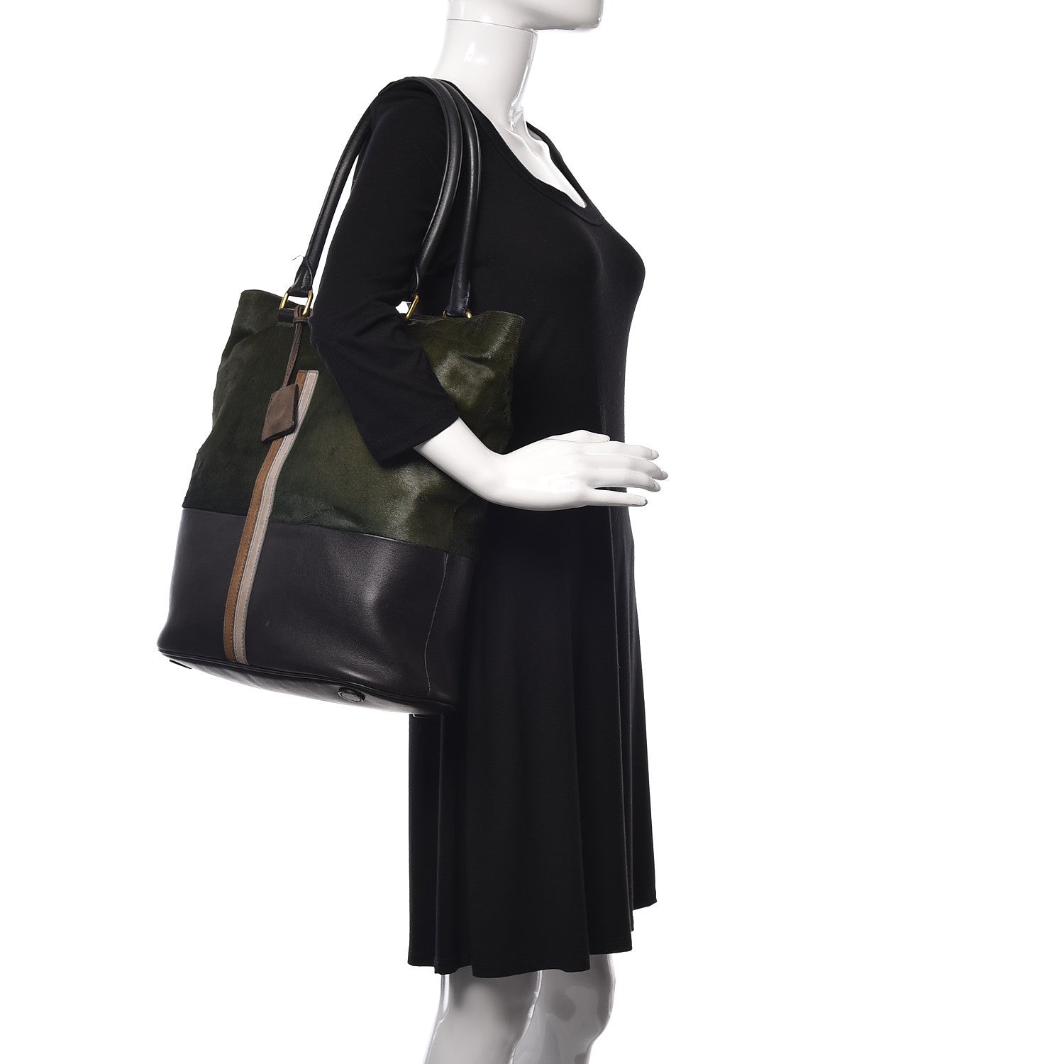 Celine Pony Hair Racer Stripe Tote Green 2 of 17