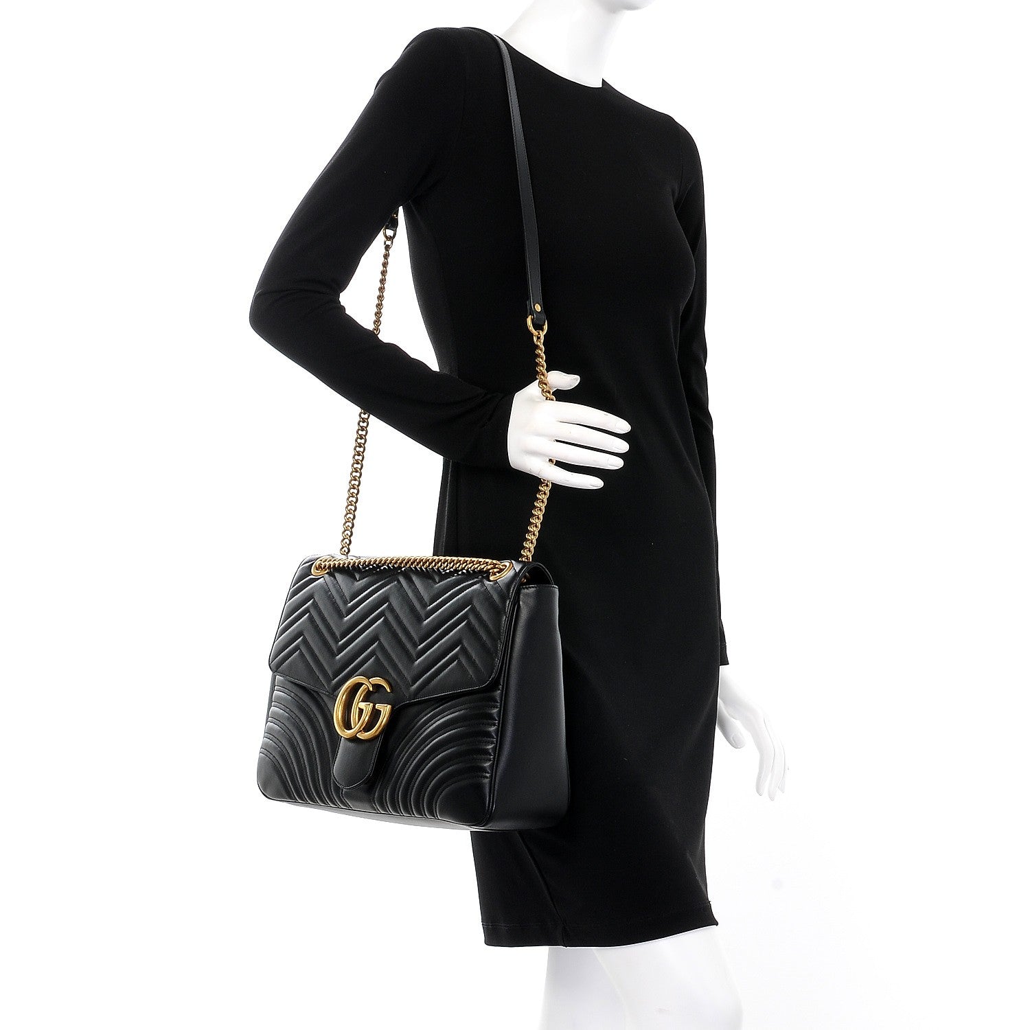 Gucci Calfskin Matelasse Large GG Marmont Shoulder Bag Black 2 of 7