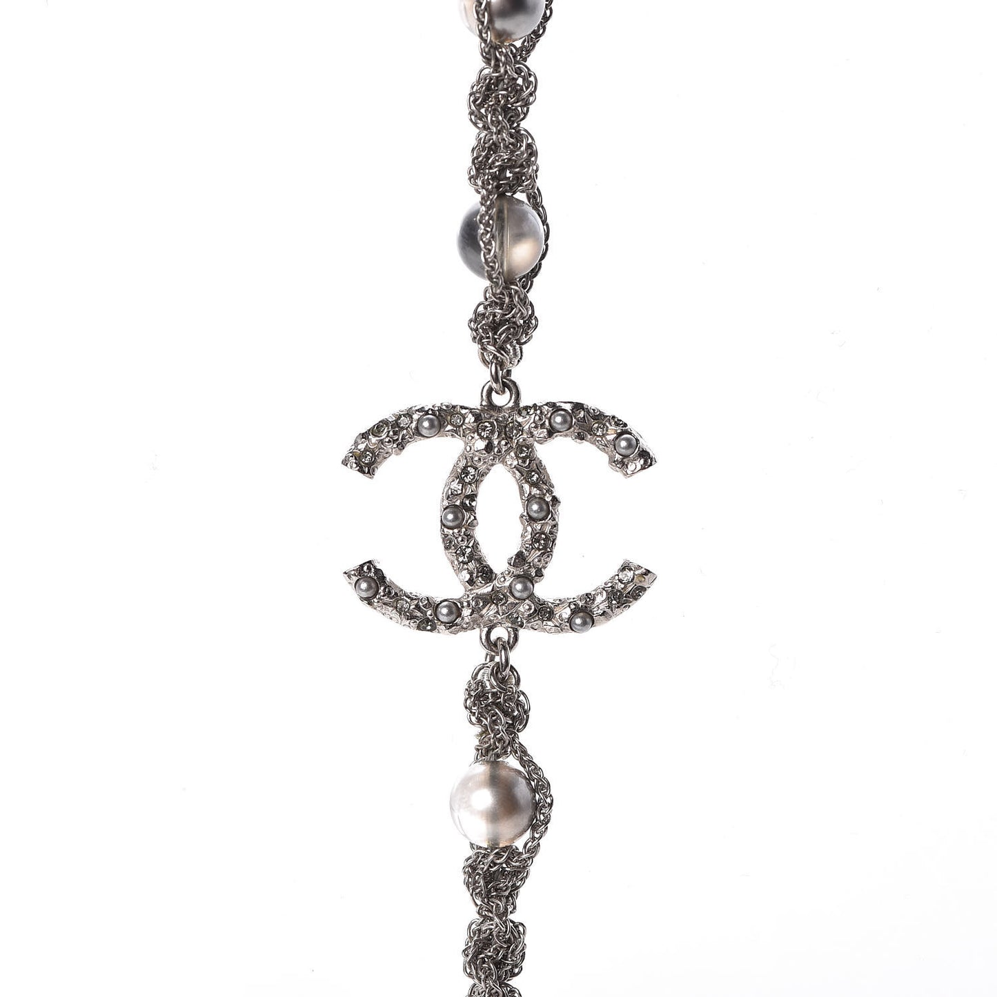 Crystal Pearl Bead Chain CC Long Necklace Ruthenium