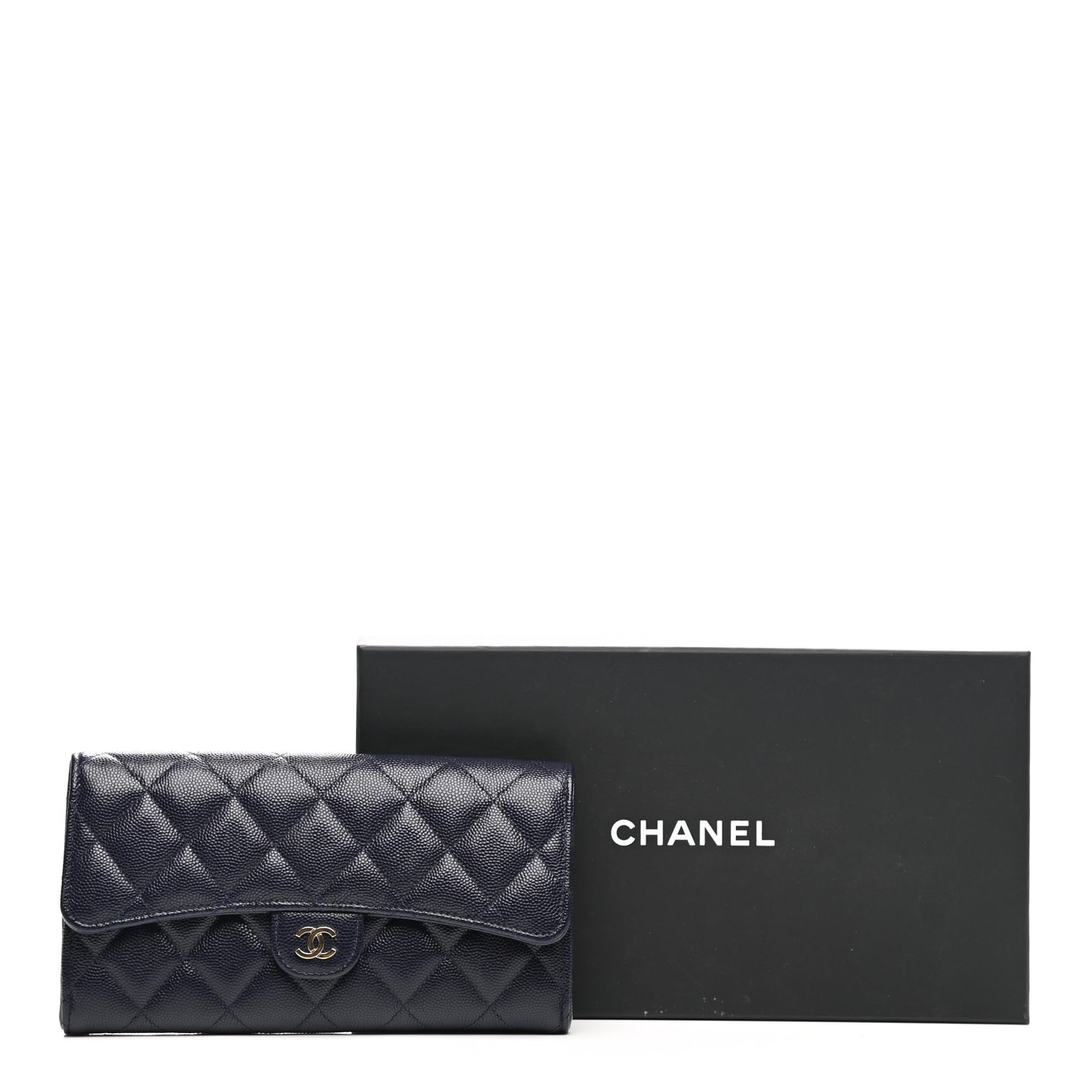 Caviar Quilted Large Gusset Flap Wallet Navy
