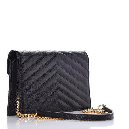 Saint Laurent Grain De Poudre Matelasse Chevron Monogram Envelope Chain Wallet Black 3 of 6