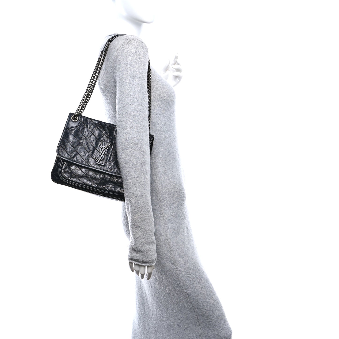 Crinkled Calfskin Matelasse Monogram Medium Niki Chain Satchel Black