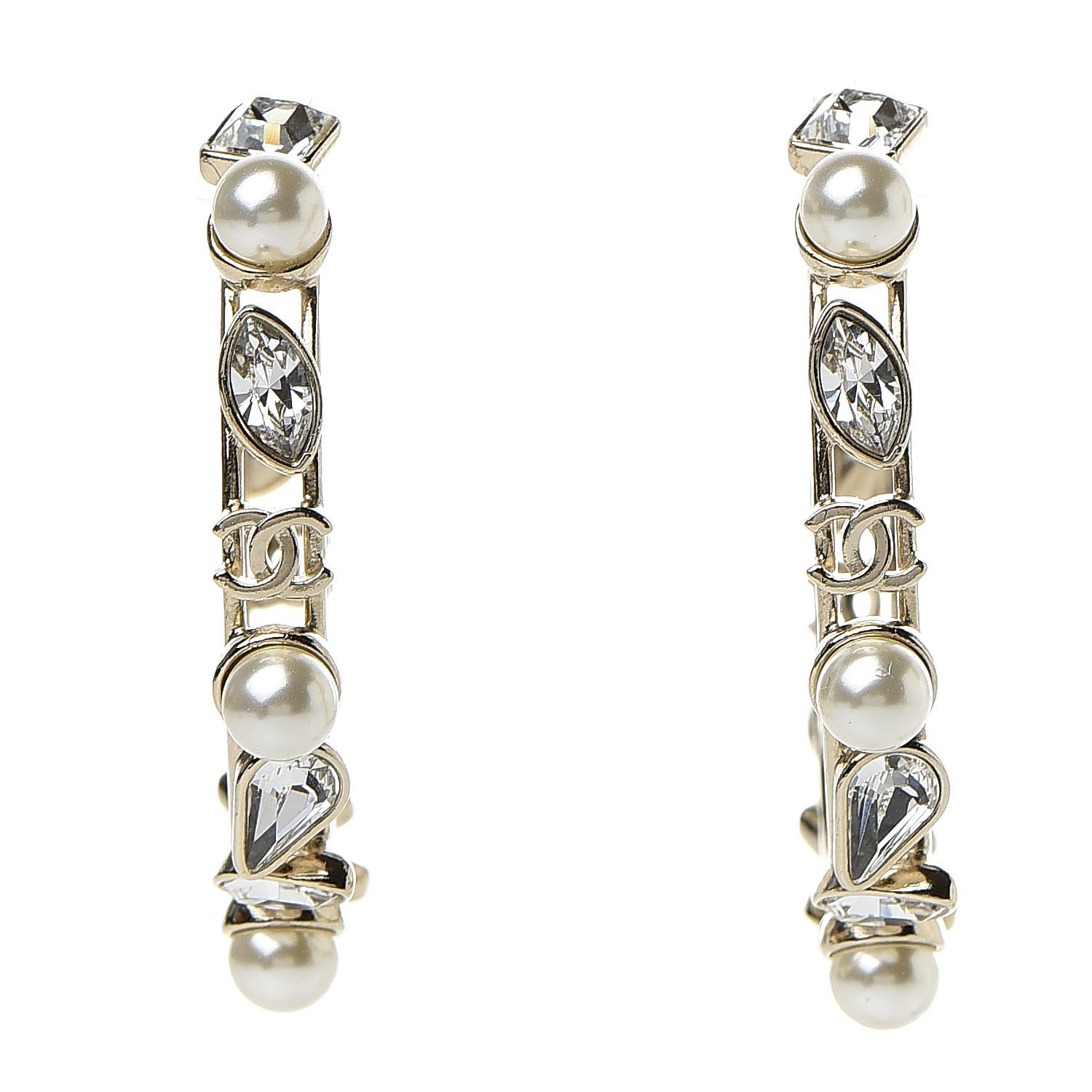 Chanel Glass Pearl Strass Snowfall Hoop Earrings Gold 1 of 4
