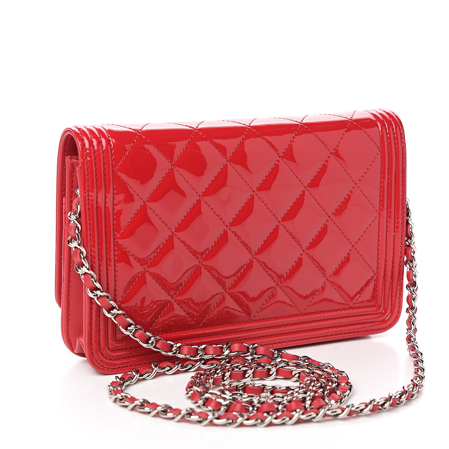 Chanel Patent Calfskin Quilted Boy Wallet On Chain WOC Red 2 of 10