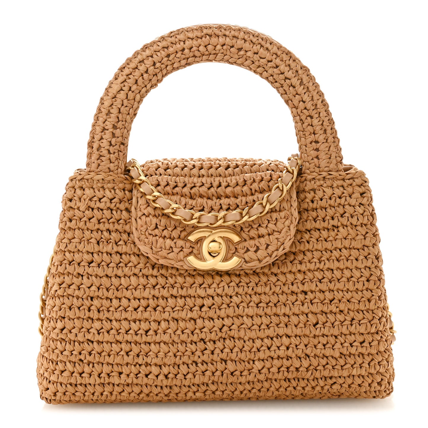 Braided Raffia Nano Kelly Flap Bag Dark Beige