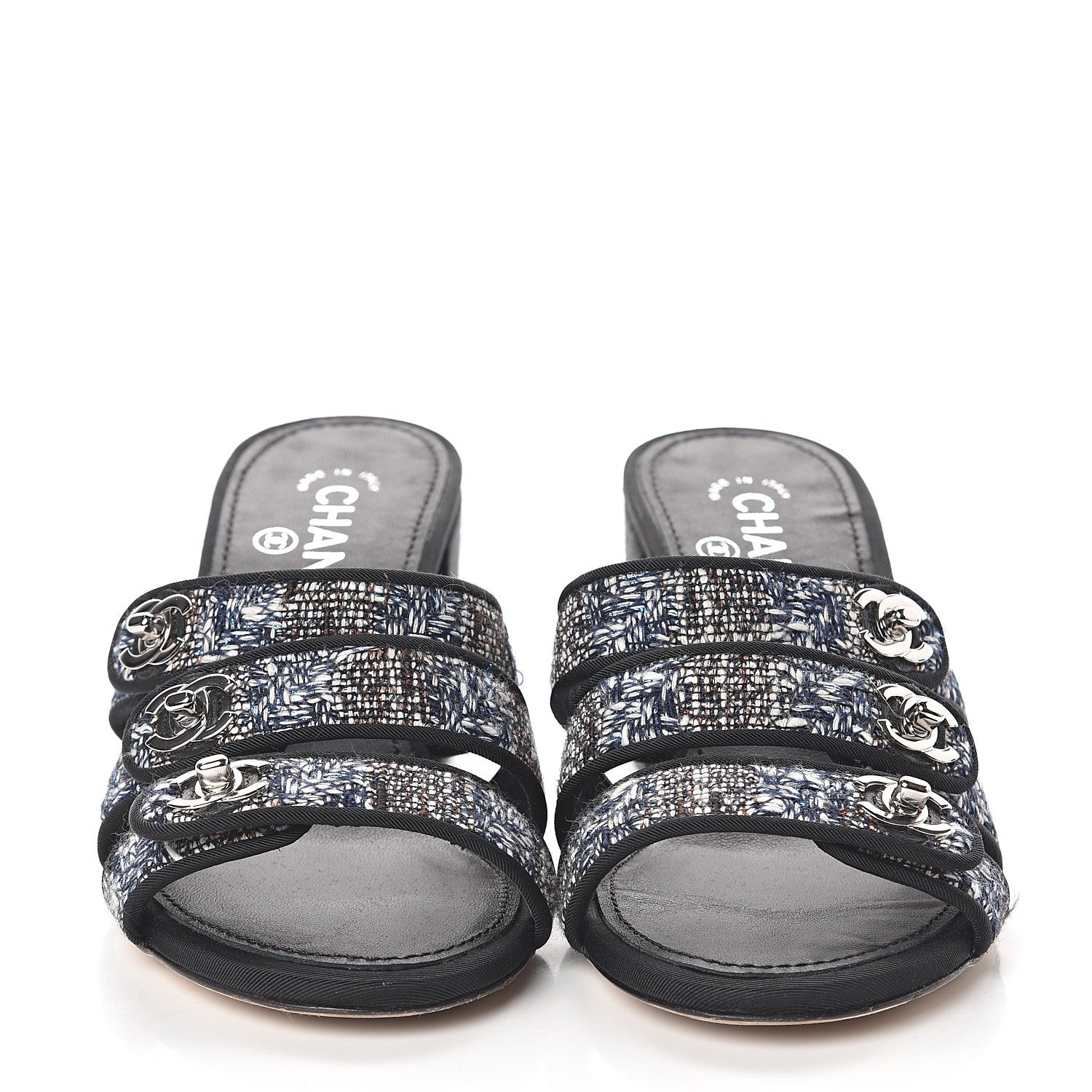 Chanel Tweed Grosgrain Sandals 37 Black Blue 2 of 7