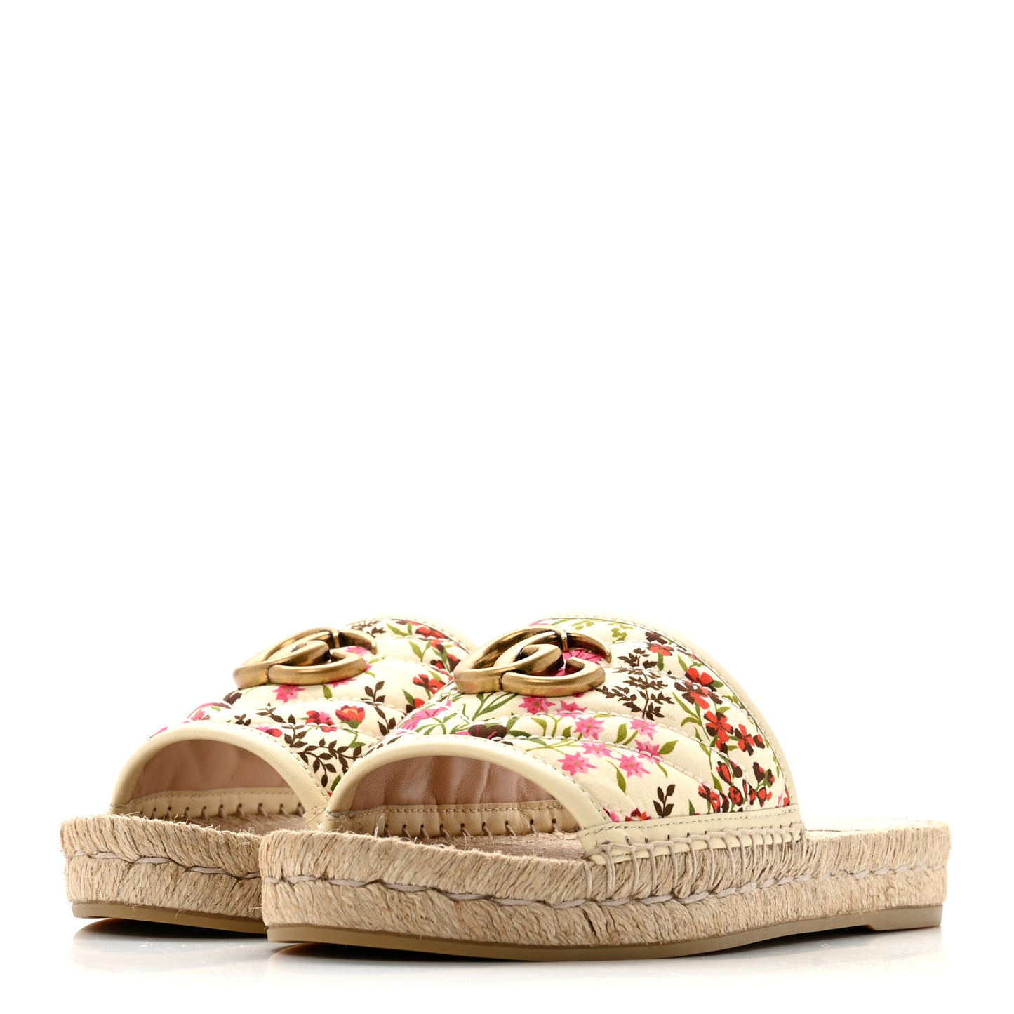 Nappa Matelasse Diagonal Floral Print GG Marmont Pilar Espadrille Slide Sandals 37.5 Ivory Pink