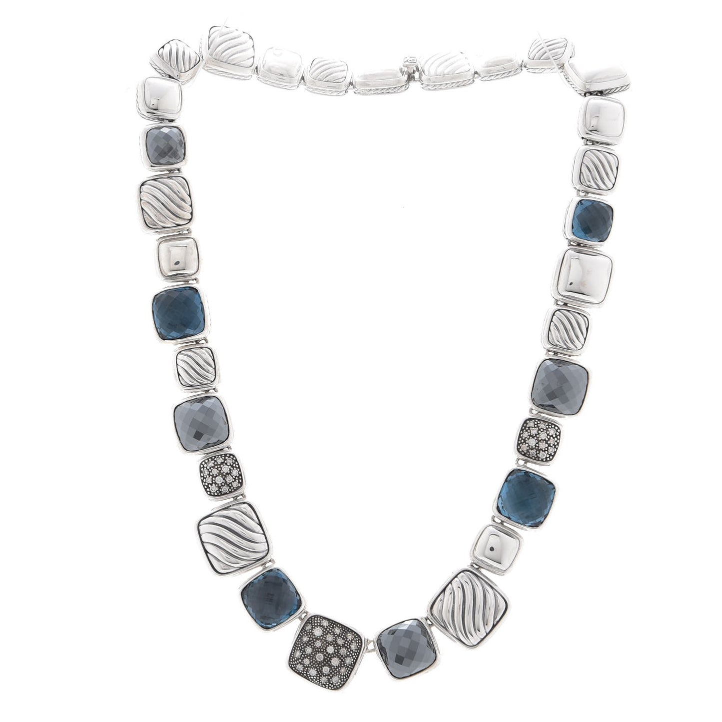 Sterling Silver Diamond Blue Topaz Hematite Chiclet Necklace