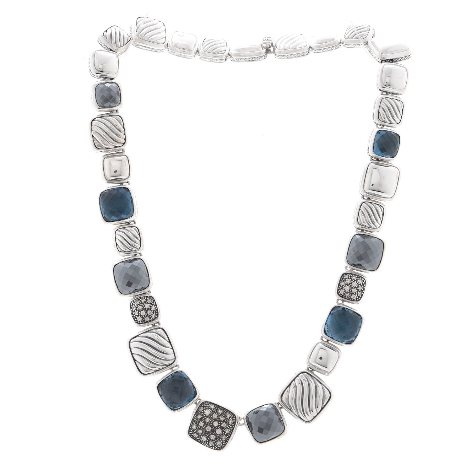 David Yurman Sterling Silver Diamond Blue Topaz Hematite Chiclet Necklace 3 of 5
