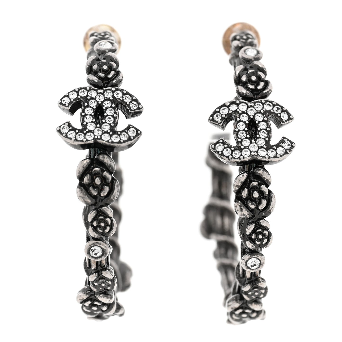 Crystal Camellia CC Hoop Earrings Ruthenium