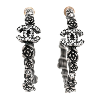 Chanel Crystal Camellia CC Hoop Earrings Ruthenium 1 of 4