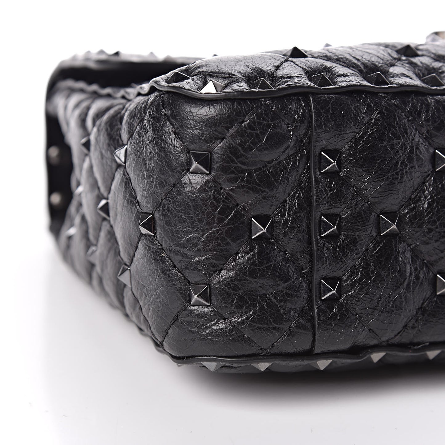 Craquele Nappa Medium Rockstud Spike Shoulder Bag Black