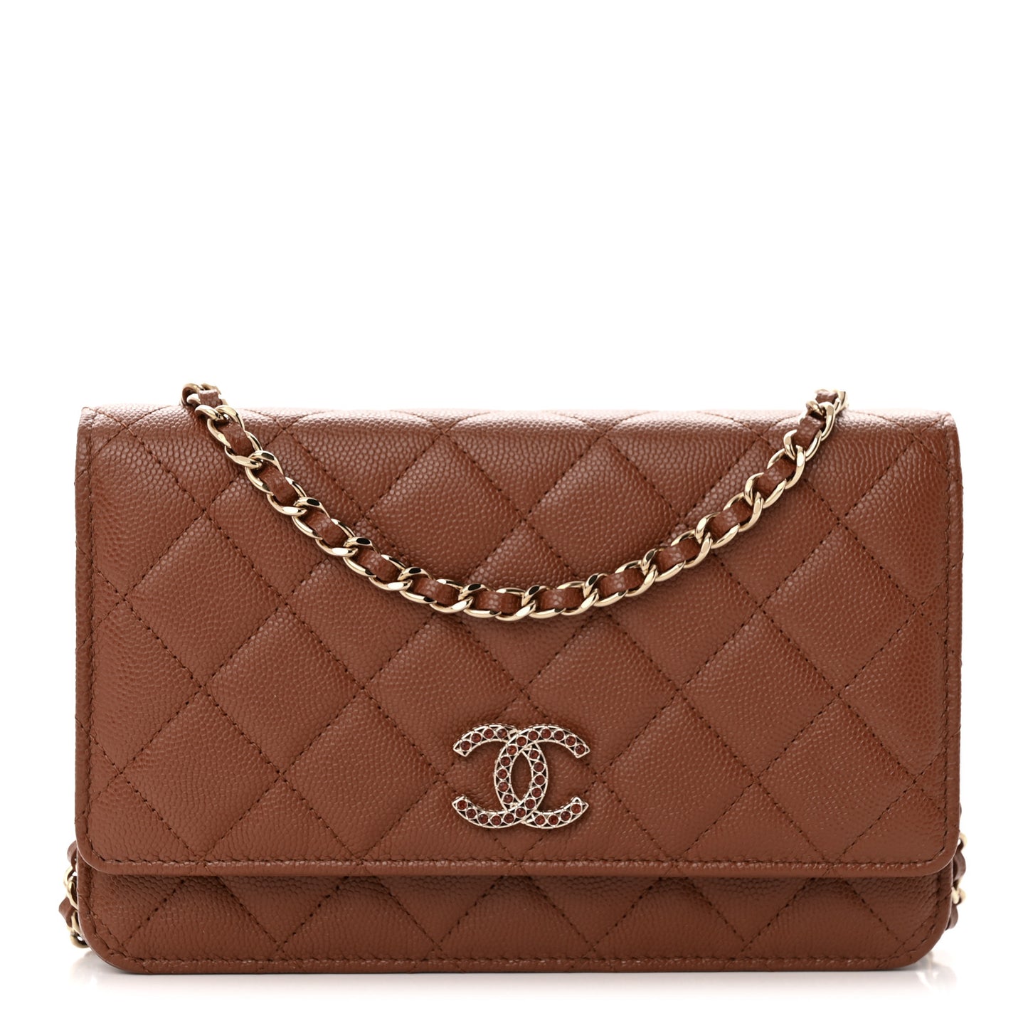 Shiny Caviar Quilted Strass Wallet On Chain WOC Light Brown