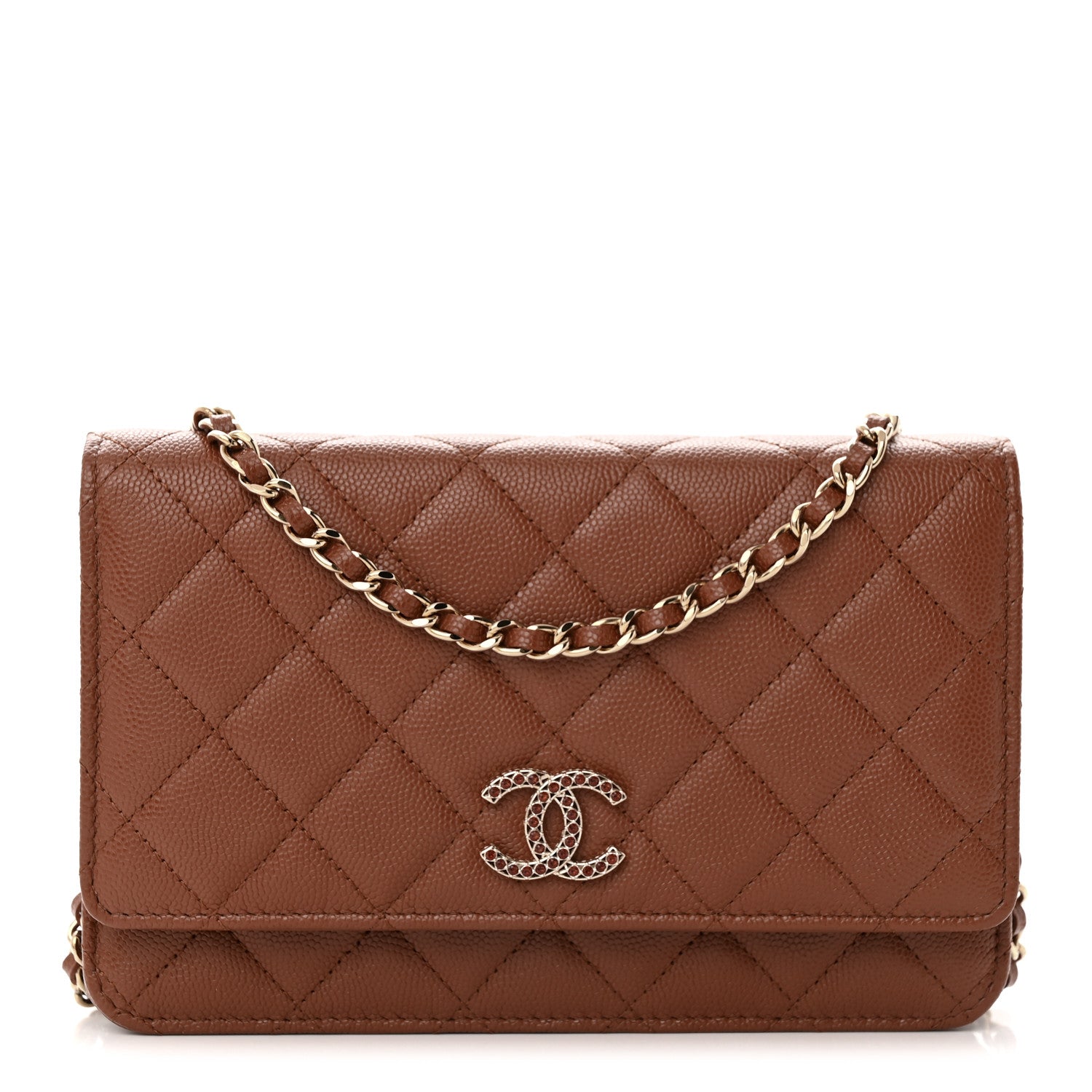 Chanel Shiny Caviar Quilted Strass Wallet On Chain WOC Light Brown 1 of 12