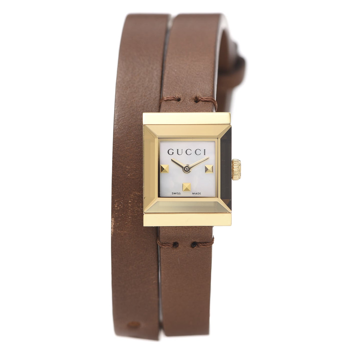 Stainless Steel Calfskin Mother of Pearl 14mm G-Frame Square Double Wrap Quartz Watch