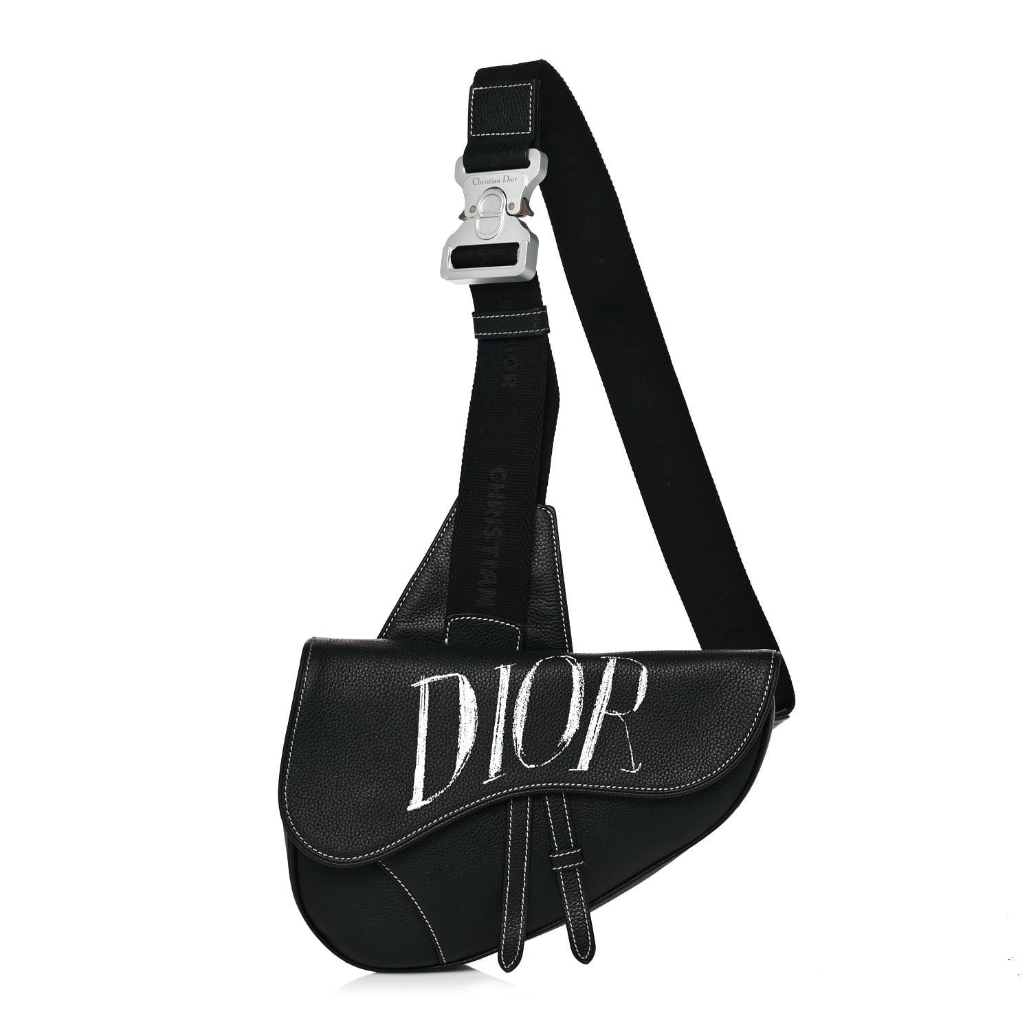Christian Dior X SHAWN STUSSY Grained Calfskin Saddle Bag Black 1 of 12
