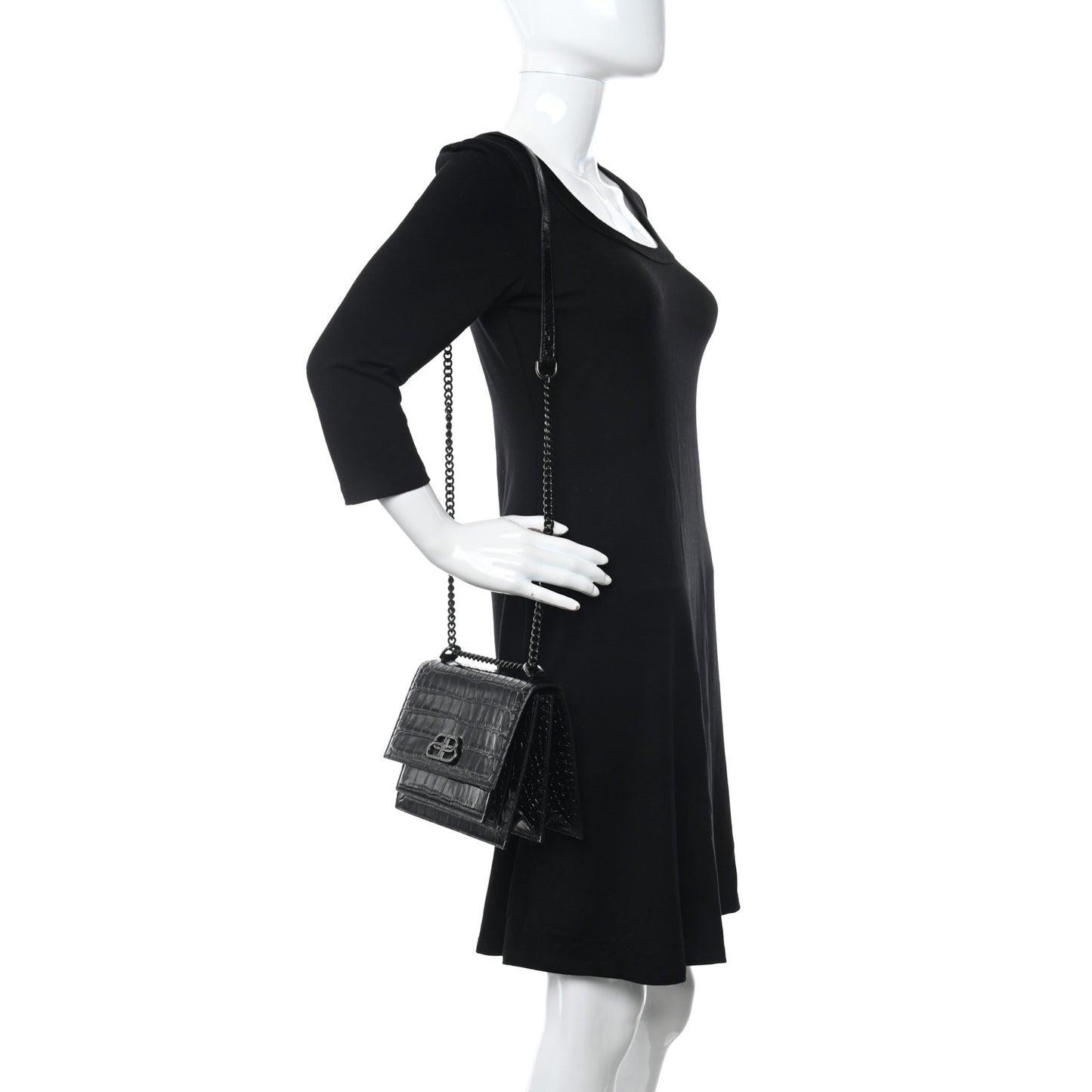 Shiny Calfskin Monochrome Crocodile Embossed S Sharp Chain Shoulder Bag Black