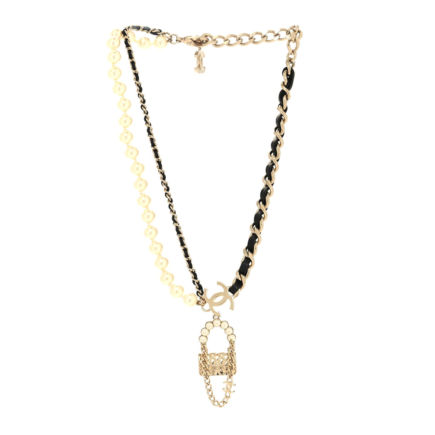 Lambskin Pearl Quilted Flap Necklace Gold Black Pearly White