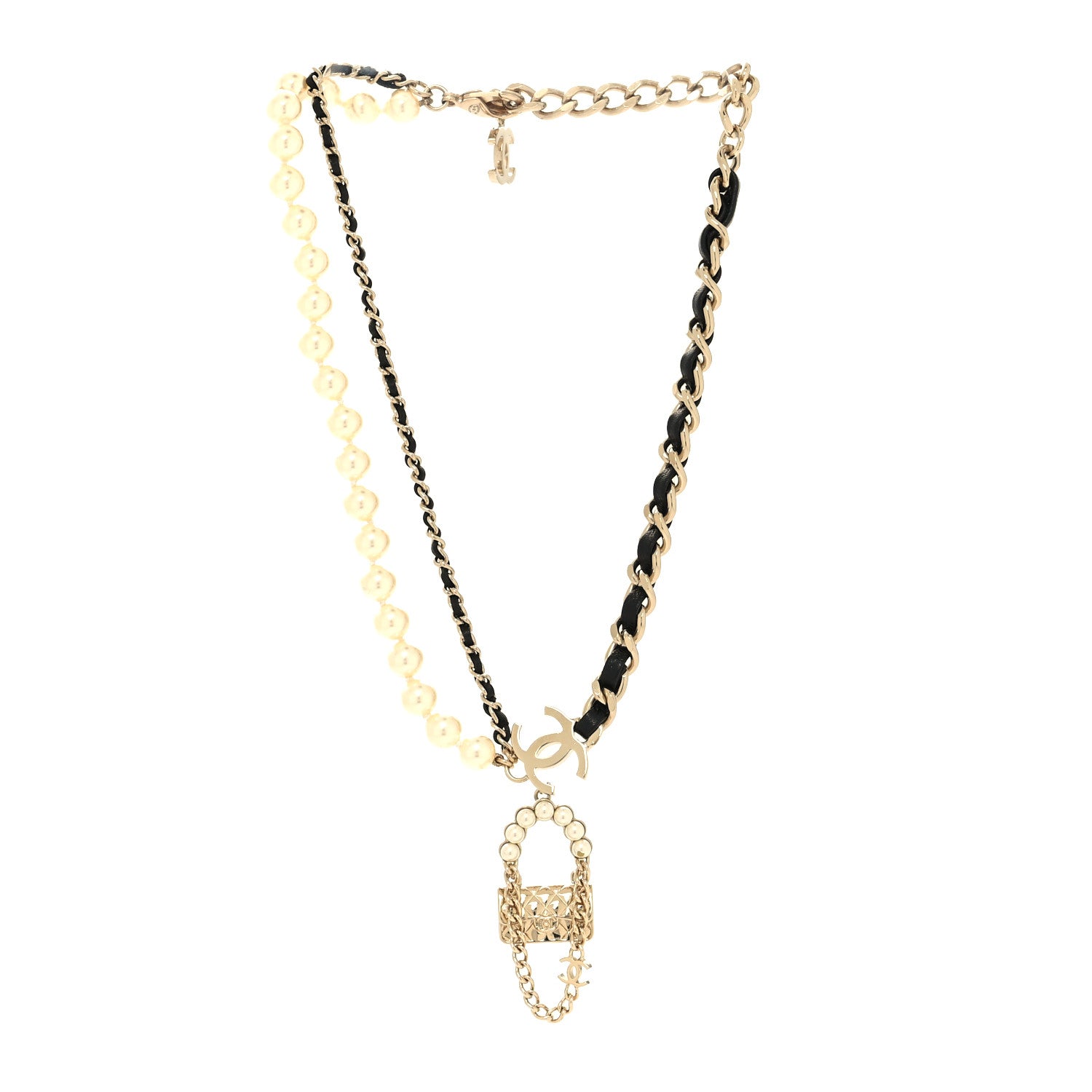 Chanel Lambskin Pearl Quilted Flap Necklace Gold Black Pearly White 3 of 6