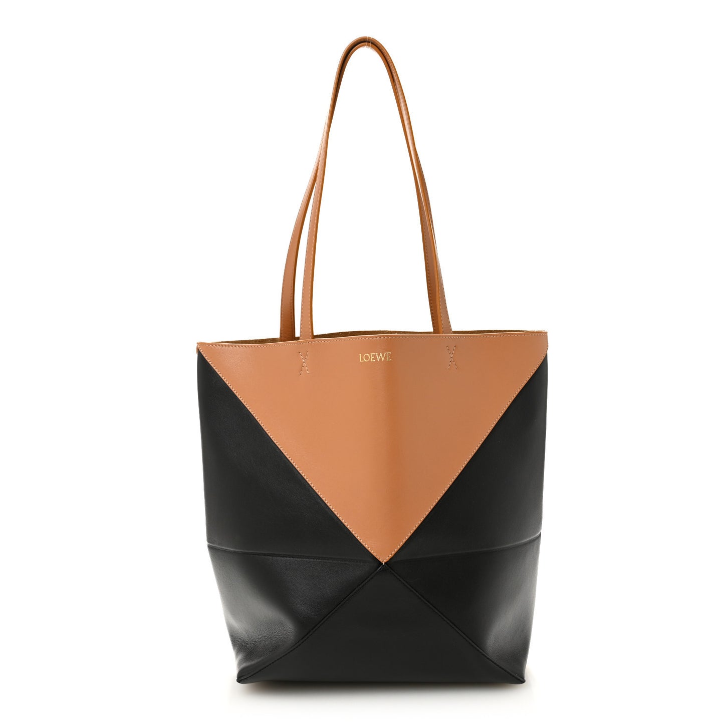 Shiny Calfskin Large  Puzzle Fold Tote Warm Desert Black