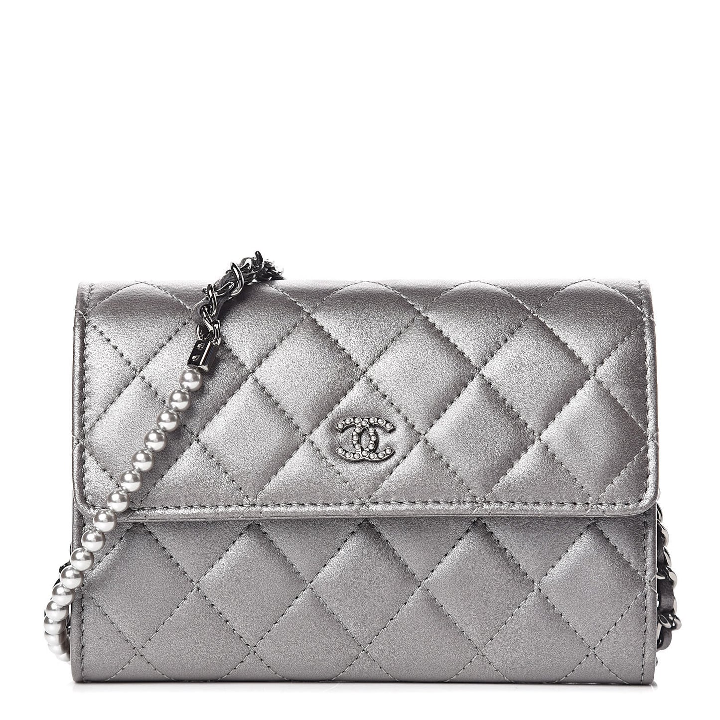 Lambskin Quilted Pearl My Shoulder Mini French Wallet On Chain WOC Silver