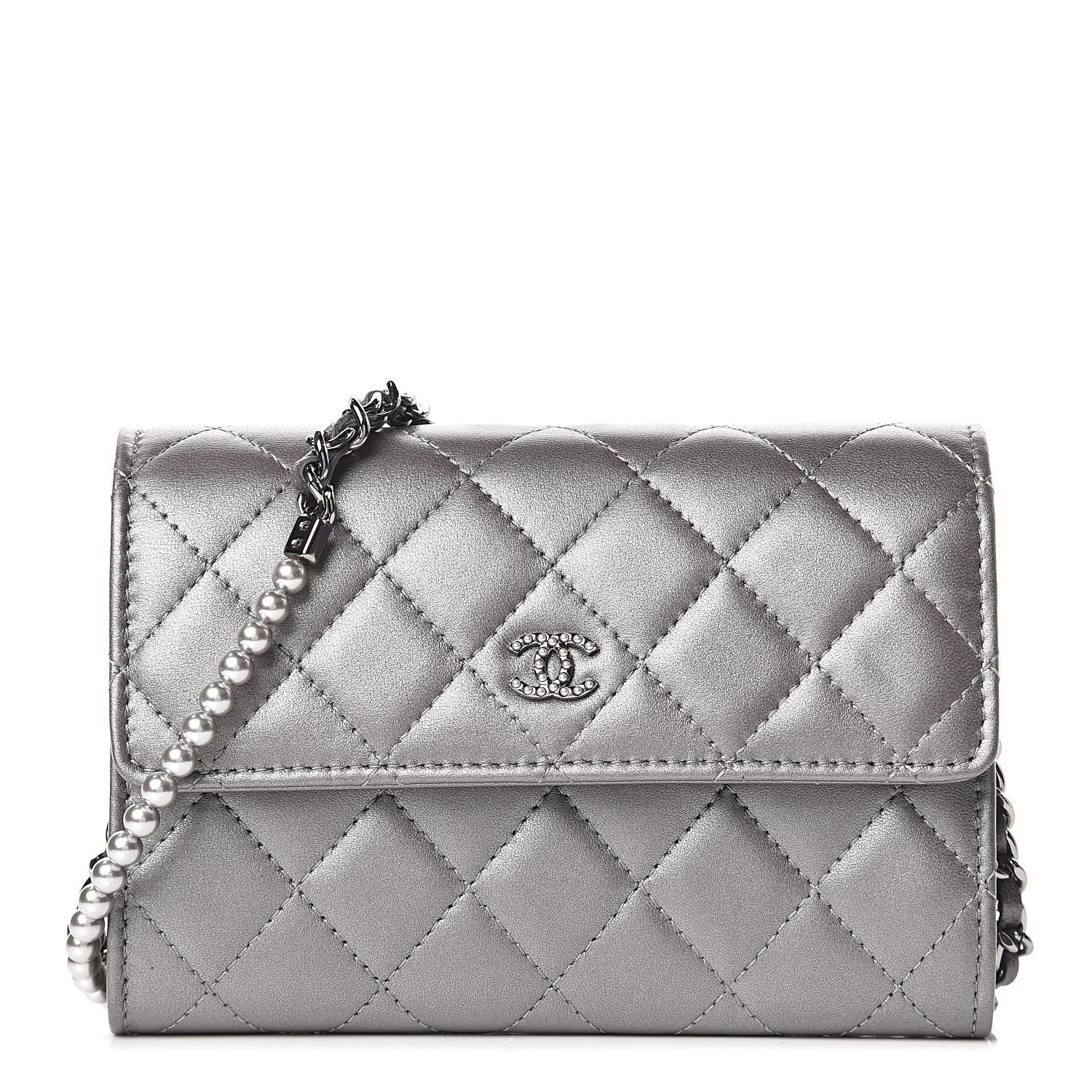 Chanel Lambskin Quilted Pearl My Shoulder Mini French Wallet On Chain WOC Silver 1 of 13