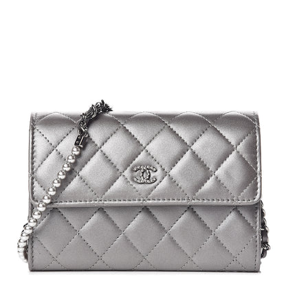Chanel Lambskin Quilted Pearl My Shoulder Mini French Wallet On Chain WOC Silver 1 of 13