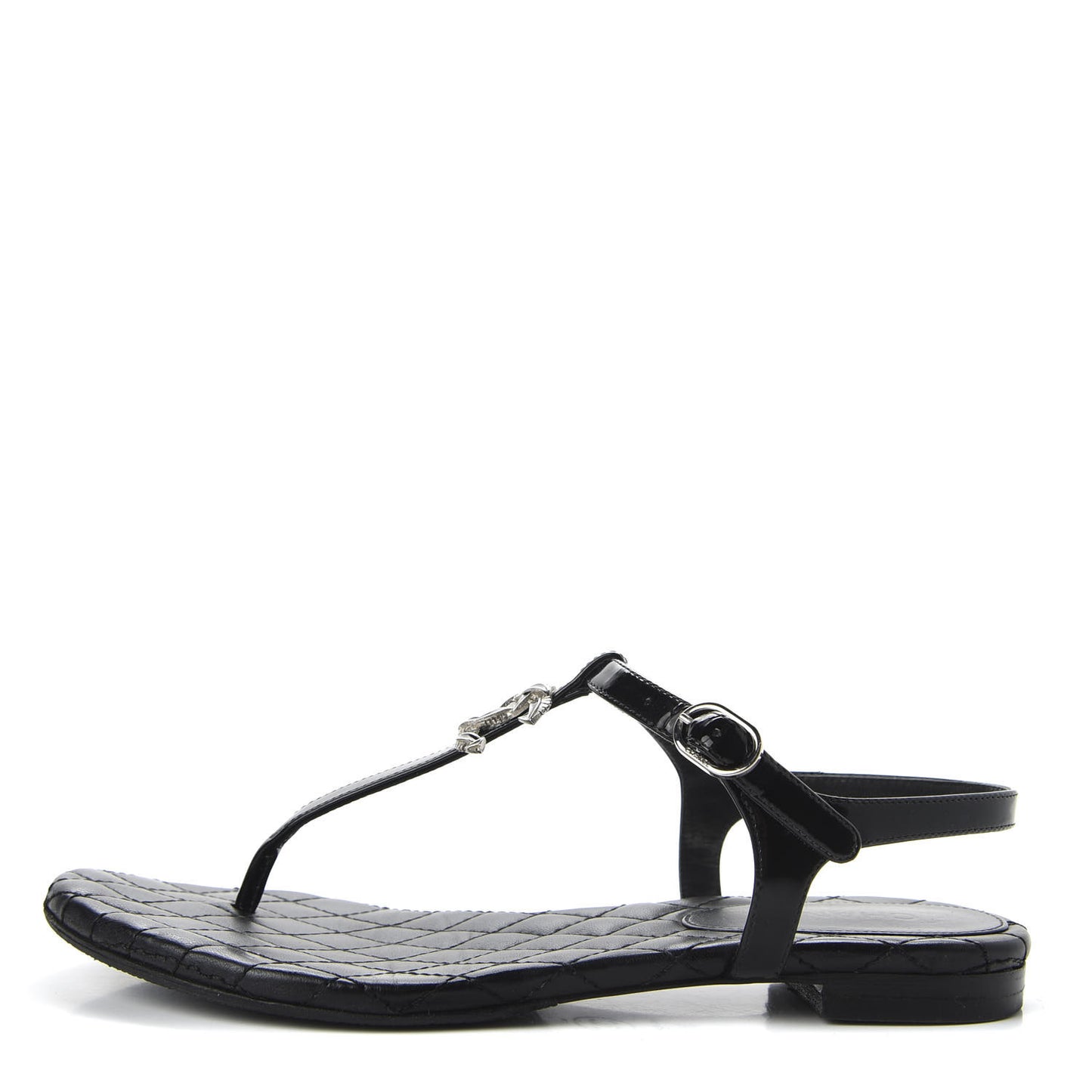 Patent Calfskin CC Chain Thong Sandals 35.5 Black