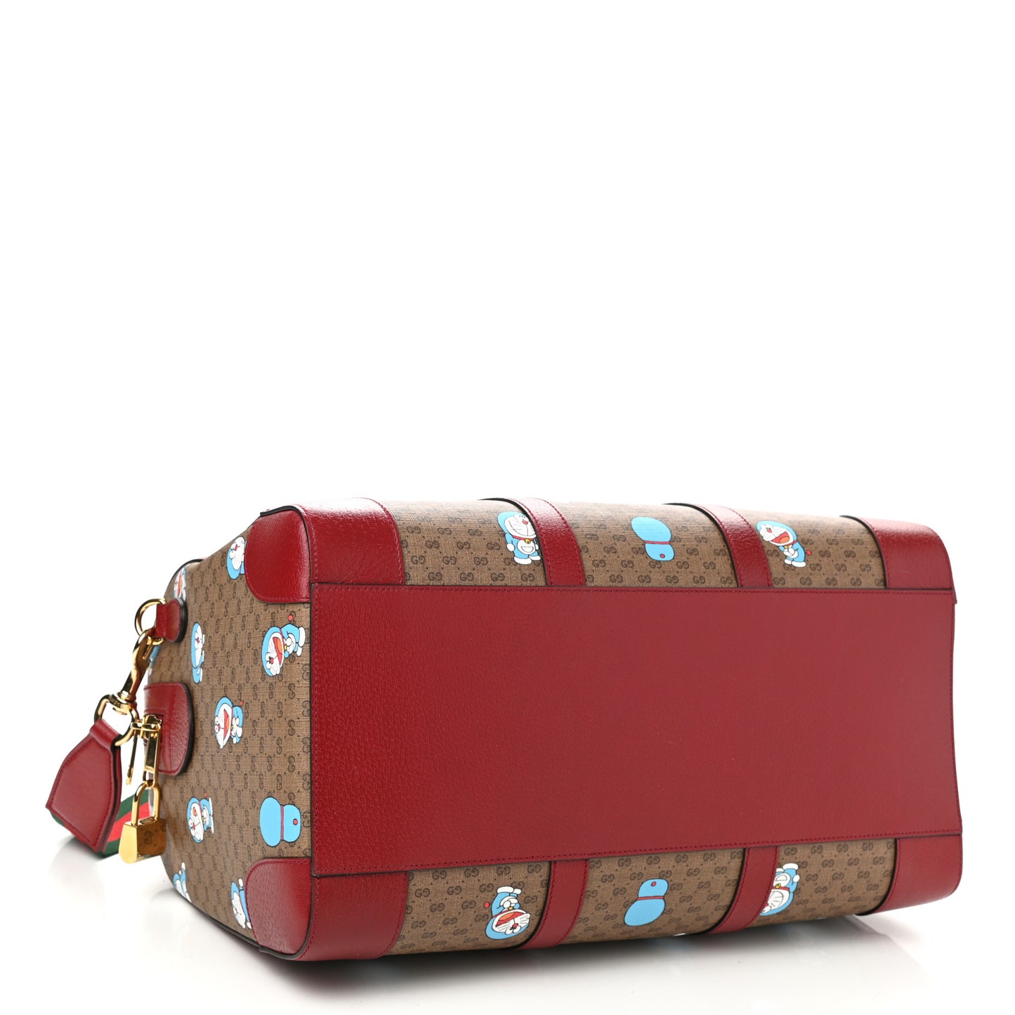 X DORAEMON Mini Vintage GG Supreme Monogram Web Duffle Travel Bag Beige Cherry Red
