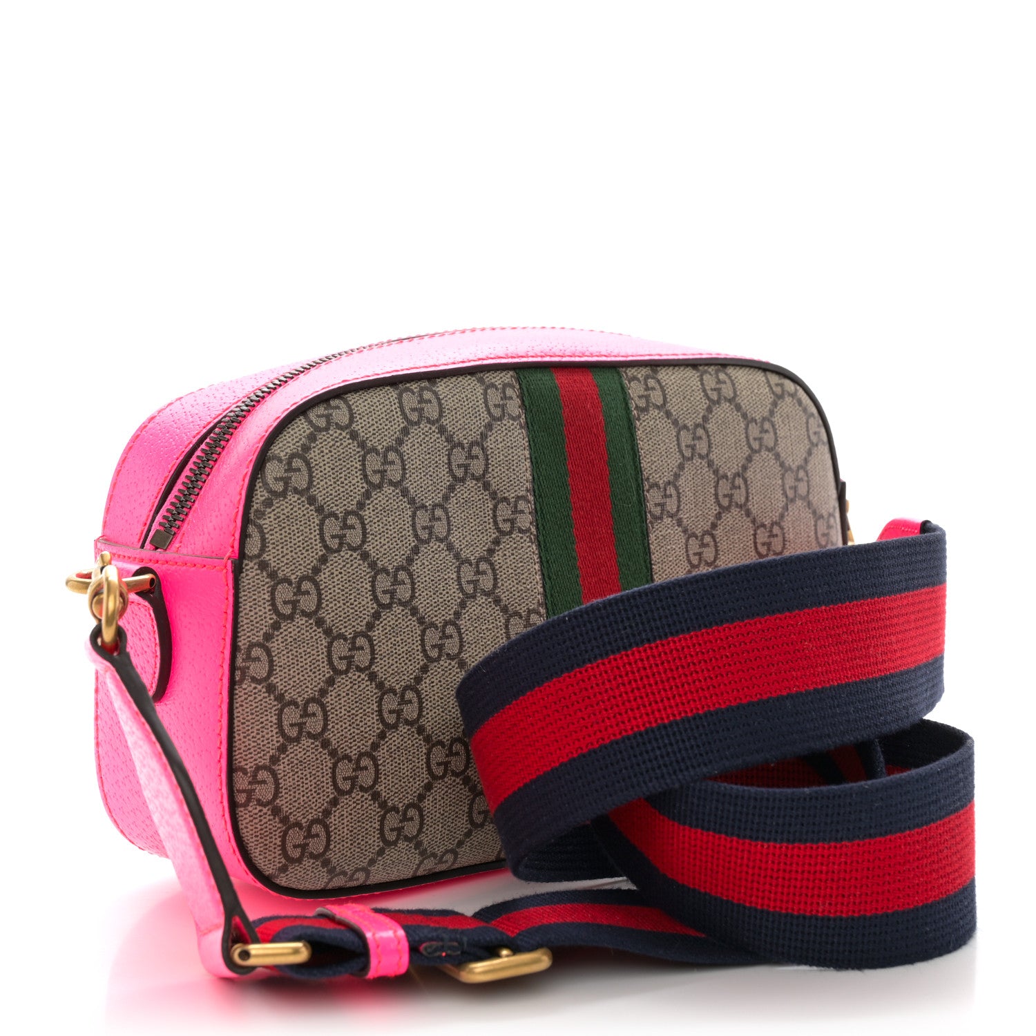 Gucci GG Supreme Monogram Textured Dollar Calfskin Web Ophidia Small Crossbody Bag Beige Ebony Fuchsia 3 of 10