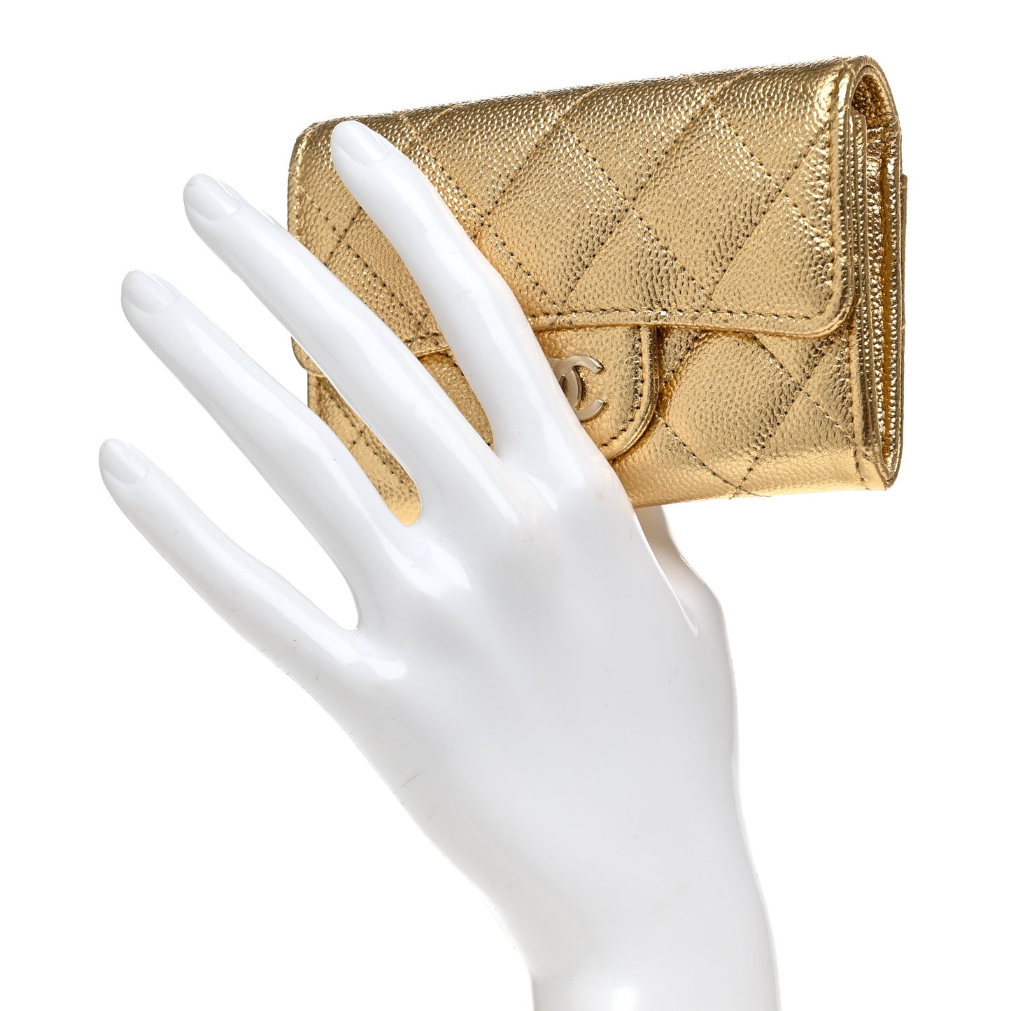 Metallic Caviar Quilted Flap Card Holder Wallet Gold