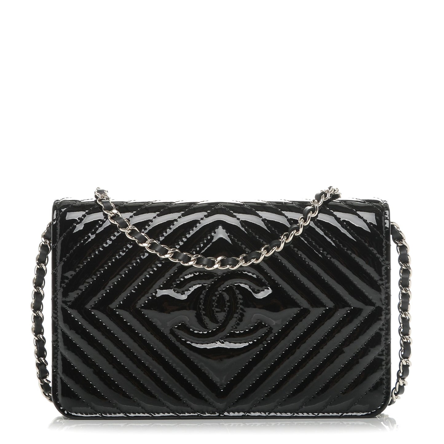 Patent Chevron Quilted CC Wallet On Chain WOC Black